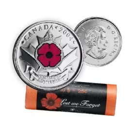 2004-P Canadian 25-Cent Remembrance Poppy Coloured Quarter Special Wrap Coin Roll