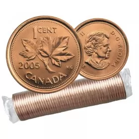 2005 Canadian 1-Cent Maple Leaf Twig Penny Original Coin Roll