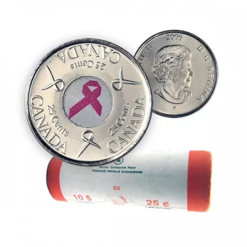 2006-P Canadian 25-Cent Pink Ribbon, Breast Cancer Awareness Coloured Quarter Original Wrap Coin Roll