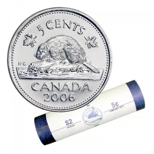 2006 Canadian 5-Cent Beaver Nickel Special Wrap Coin Roll-heads at both ends
