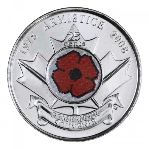 2008 (1918-) Canadian 25-Cent Poppy Armistice 90th Anniv Coloured Quarter Coin (Brilliant Uncirculated)