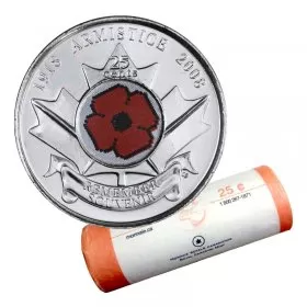 2008 (1918-) Canadian 25-Cent Poppy Armistice 90th Anniv Coloured Quarter Original Coin Roll-heads both ends
