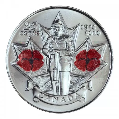 2010 (1945-) Canadian 25-Cent Remembrance Poppy/WWII 65th Anniv Coloured Quarter Coin (Brilliant Uncirculated)