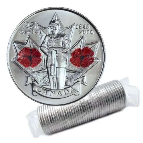 2010 (1945-) Canadian 25-Cent Remembrance Poppy/WWII 65th Anniv Coloured Quarter Original Coin Roll