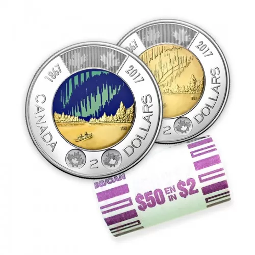 2017 (1867-) Canadian $2 Dance Of The Spirits Toonie Original Coin Roll (Some Coloured, Glow In The Dark)-heads both ends