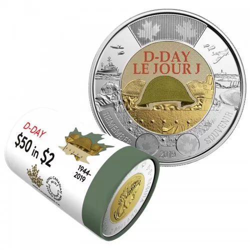 2019 (1944-) Canadian $2 D-Day 75th Anniv Remembrance Coloured Toonie Special Wrap Coin Roll