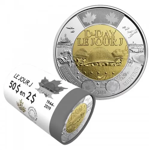 2019 (1944-) Canadian $2 D-Day 75th Anniv Remembrance Non-Coloured Toonie Special Wrap Coin Roll