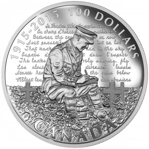 2015 Canadian $100 In Flanders Fields, 100th Anniversary - 10 oz Fine Silver Coin - lightly tarnished