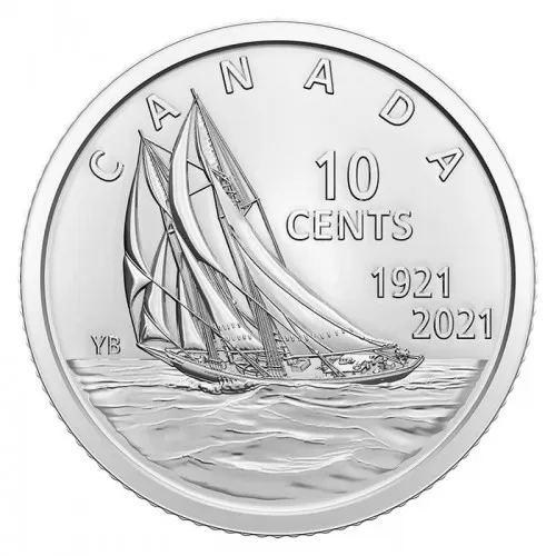 2021 (1921-) Canadian 10-Cent Bluenose Schooner 100th Anniv Uncoloured Dime Coin