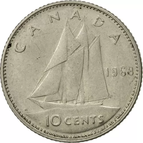 1968 Canadian 10-Cent Bluenose Schooner Dime Coin (Brilliant Uncirculated)