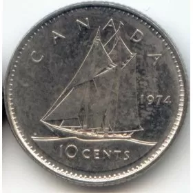 1974 Canadian 10-Cent Bluenose Schooner Dime Coin (Brilliant Uncirculated)