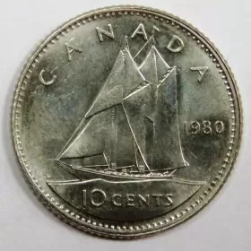1980 Canadian 10-Cent Bluenose Schooner Dime Coin (Brilliant Uncirculated)