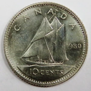 1980 Canadian 10-Cent Bluenose Schooner Dime Coin (Brilliant Uncirculated) 1980 Canadian 10-Cent Bluenose Schooner Dime Coin (Brilliant Uncirculated)