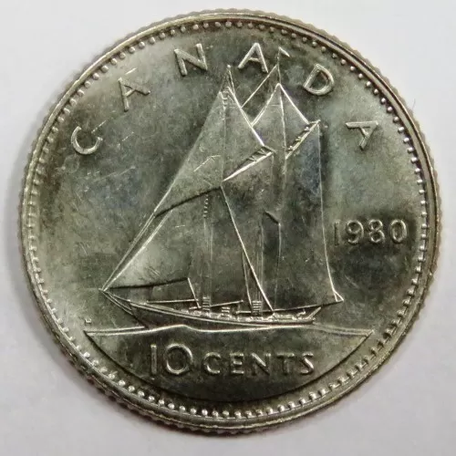 1980 Canadian 10-Cent Bluenose Schooner Dime Coin (Brilliant Uncirculated)