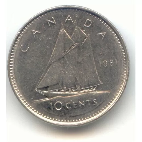1981 Canadian 10-Cent Bluenose Schooner Dime Coin (Brilliant Uncirculated)