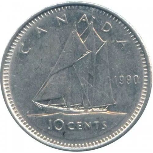 1990 Canadian 10-Cent Bluenose Schooner Dime Coin (Brilliant Uncirculated)