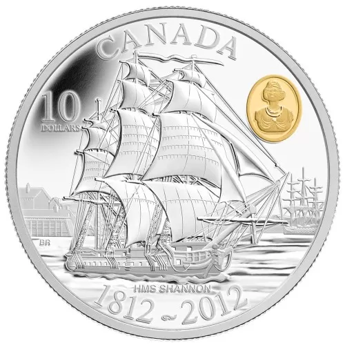 2012 (1812-) Canadian $10 HMS Shannon/War of 1812 Bicentennial Proof Silver & Gold-plated Cameo Coin