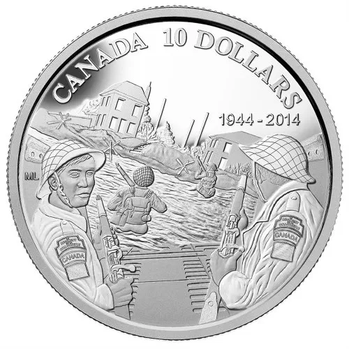 2014 (1944-) Canadian $10 D-Day 70th Anniversary 1/2 oz Fine Silver Coin - Lightly Tarnished