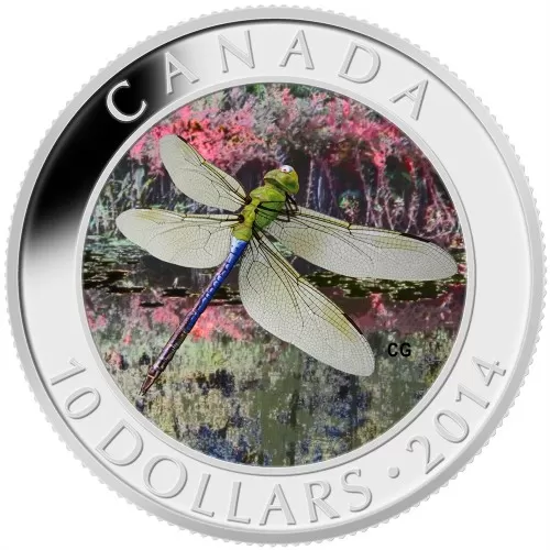 2014 Canadian $10 Green Darner Dragonfly - 1/2 oz Fine Silver Hologram Coin - Lightly Tarnished
