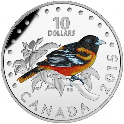 2015 Canadian $10 Colourful Songbirds of Canada: Baltimore Oriole - 1/2 oz Fine Silver Coloured Coin-coin - Coin In Capsule - COA Only