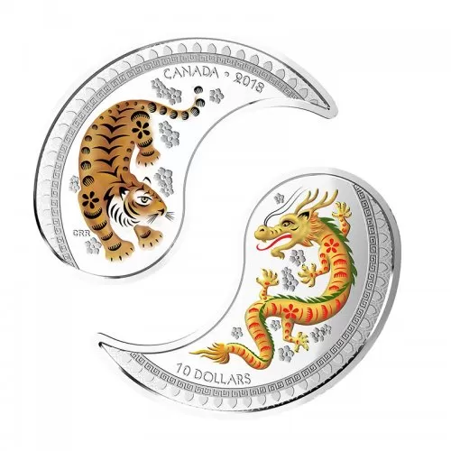 2018 Canadian $10 Yin & Yang: Tiger & Dragon 1 oz Silver Coloured Coins