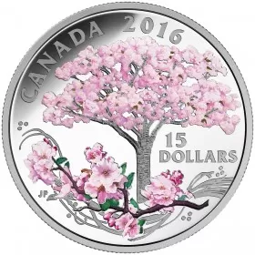 2016 Canadian $15 Celebration of Spring: Cherry Blossoms Fine Silver Coloured Coin