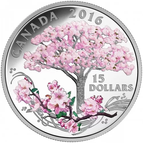 2016 Canadian $15 Celebration of Spring: Cherry Blossoms Fine Silver Coloured Coin