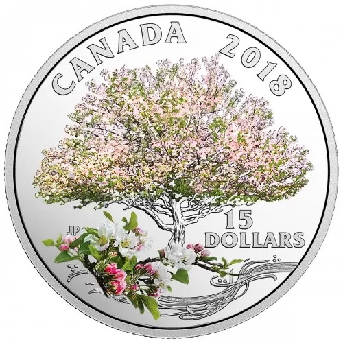 2018 Canadian $15 Celebration of Spring: Apple Blossoms Fine Silver Coloured Coin