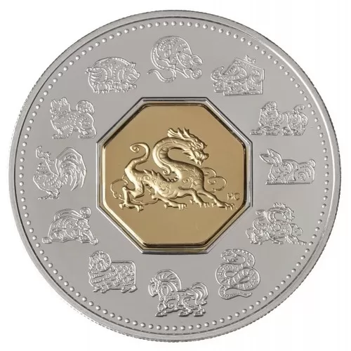 2000 Canadian $15 Chinese Lunar Calendar: Year of the Dragon Sterling Silver & Gold-plated Cameo Coin