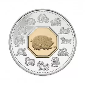 2007 Canadian $15 Chinese Lunar Calendar: Year of the Pig Sterling Silver & Gold-plated Cameo Coin