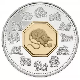 2008 Canadian $15 Chinese Lunar Calendar: Year of the Rat Sterling Silver & Gold-plated Cameo Coin 