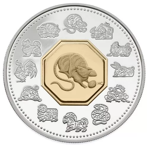 2008 Canadian $15 Chinese Lunar Calendar: Year of the Rat Sterling Silver & Gold-plated Cameo Coin 