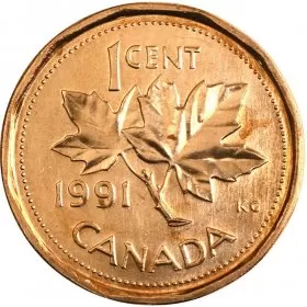 1991 Canadian 1-Cent Maple Leaf Twig Penny Coin (Brilliant Uncirculated)