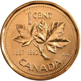 1992 (1867-) Canadian 1-Cent Maple Leaf Twig/Confederation Penny Coin (Brilliant Uncirculated)