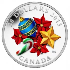 2013 Canadian $20 Holiday Season with Venetian Glass Candy Cane - 1 oz Fine Silver Coin