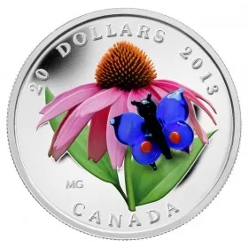 2013 Canadian $20 Purple Coneflower with Venetian Glass Butterfly - 1 oz Fine Silver Coin