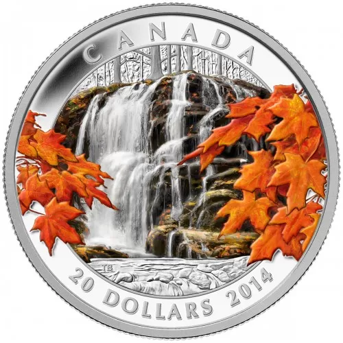 2014 Canadian $20 Autumn Falls 1 oz Fine Silver Coloured Coin