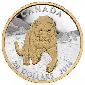 2014 Canadian $20 Cougar: Pouncing in the Snow - 1 oz Fine Silver & Gold-plated Coin