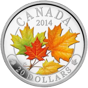 2014 Canadian $20 Majestic Maple Leaves With Colour - 1 oz Fine Silver Coloured Coin - Coin in Capsule - COA Only