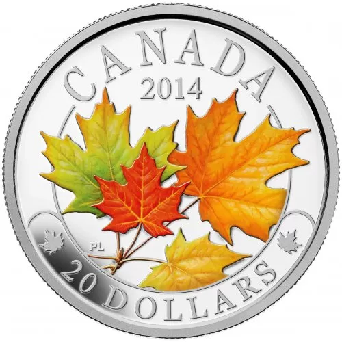 2014 Canadian $20 Majestic Maple Leaves With Colour - 1 oz Fine Silver Coloured Coin - Coin in Capsule - COA Only