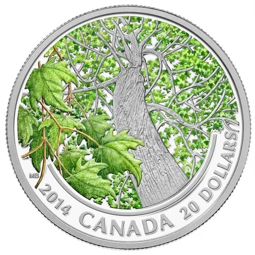 2014 Canadian $20 Maple Canopy: Spring Splendour 1 oz Fine Silver Coloured Coin-lightly toned