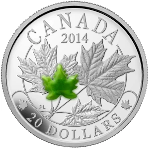 2014 Canadian $20 Majestic Maple Leaves with Jade - 1 oz Fine Silver Coin - Coin In Capsule - COA Only