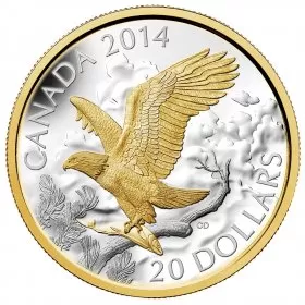 2014 Canadian $20 Perched Bald Eagle - 1 oz Fine Silver & Gold-plated Coin - Lightly turnished