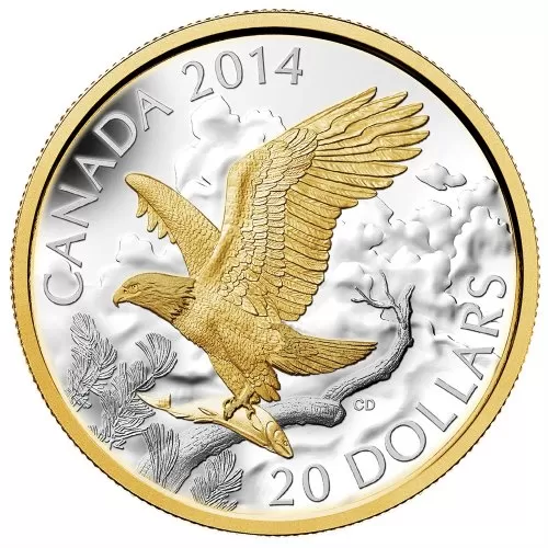 2014 Canadian $20 Perched Bald Eagle - 1 oz Fine Silver & Gold-plated Coin - Lightly turnished