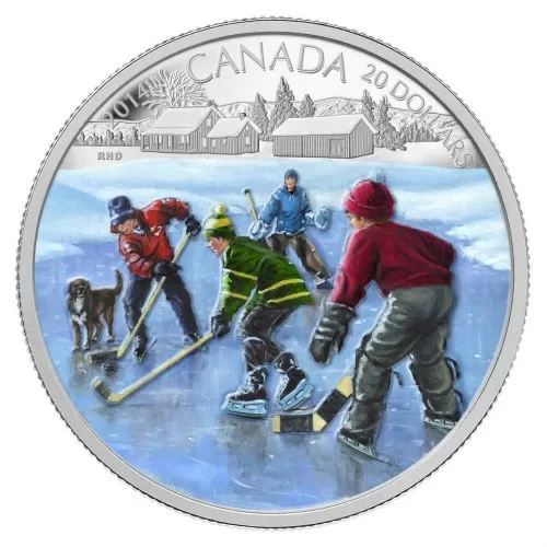 2014 Canadian $20 Pond Hockey - 1 oz Fine Silver Coloured Coin