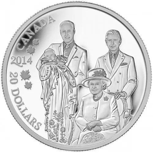 2014 Canadian $20 Royal Generations: Her Majesty Queen Elizabeth II, Prince Charles, Prince William and Prince George - 1 oz Fine Silver Coin - Tarnished