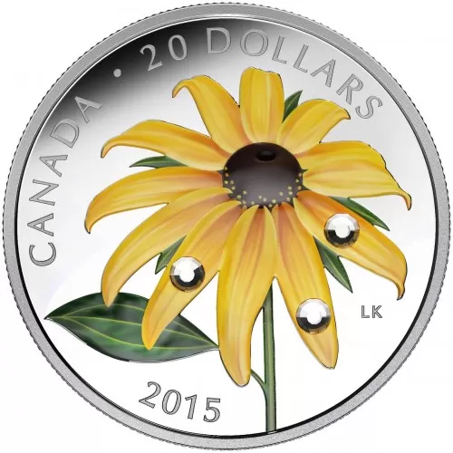 2015 Canadian $20 Black-eyed Susan with Swarovski® Crystal Dew Drops 1 oz Fine Silver Coloured Coin