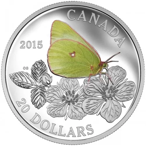 2015 Canadian $20 Butterflies of Canada: Colias Gigantea/Giant Sulphur 1 oz Fine Silver Coloured Coin