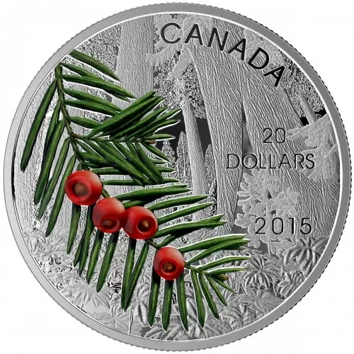 2015 Canadian $20 Forests of Canada: Columbian Yew Tree - 1 oz Fine Silver Coin - Coin In Capsule - COA Only