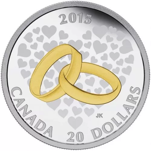 2015 Canadian $20 Wedding 1 oz Gold-plated Fine Silver Coin-outside box not 100%
